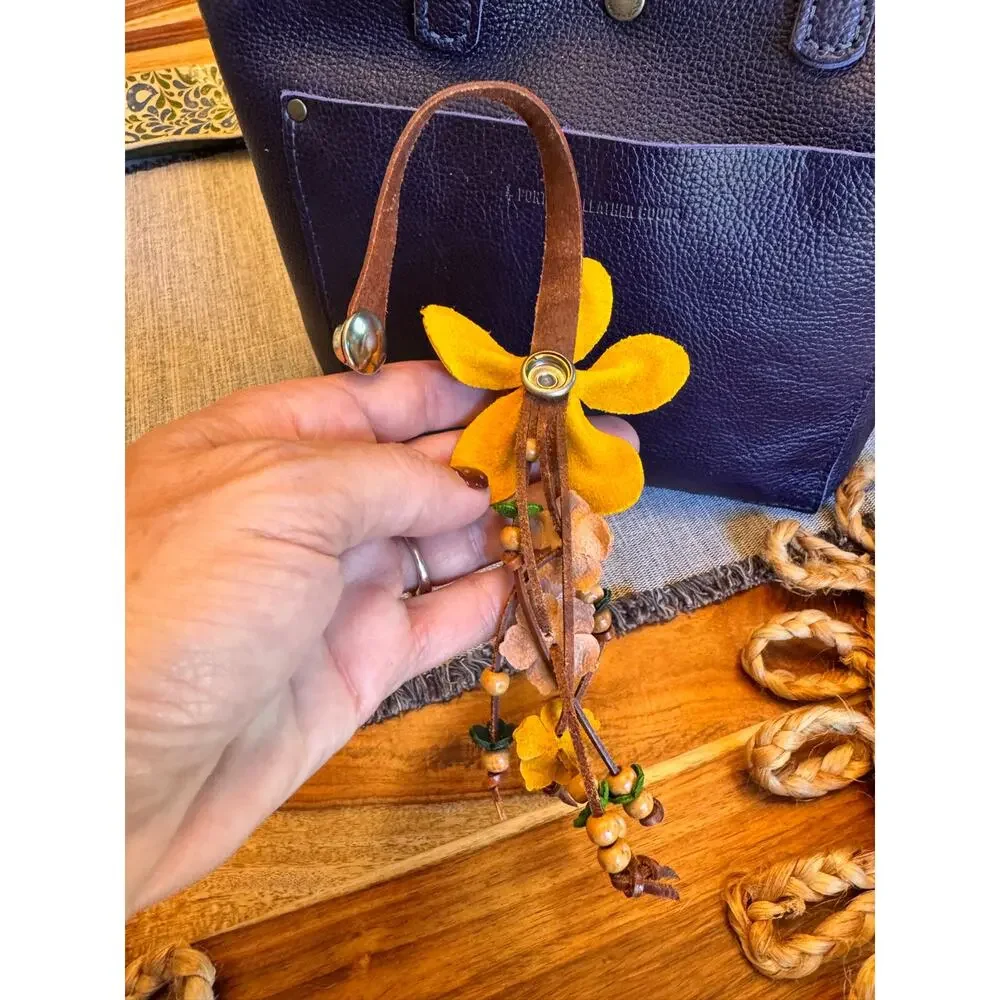 Yellow Daisy Flower Bag Charm Genuine Leather Purse Charm Flowers